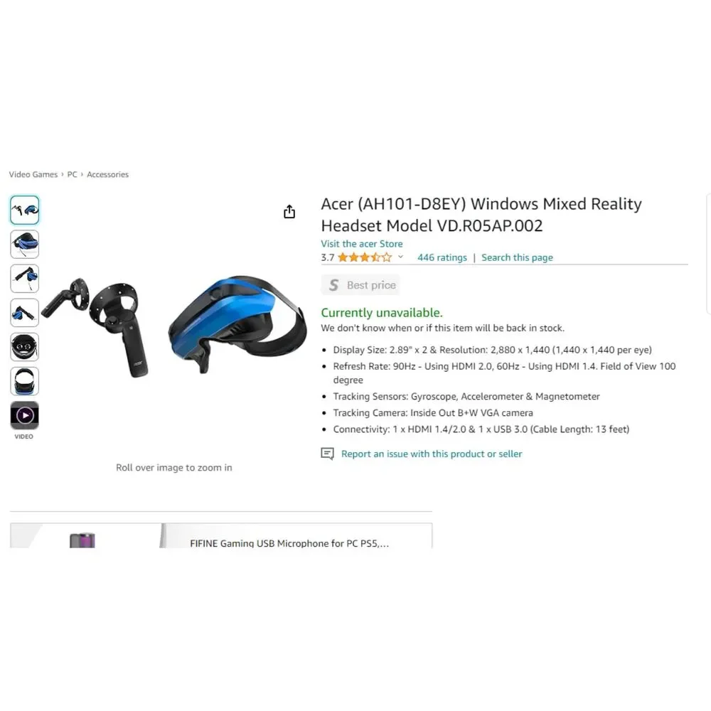 Acer mixed reality headset and two controls set for sale used